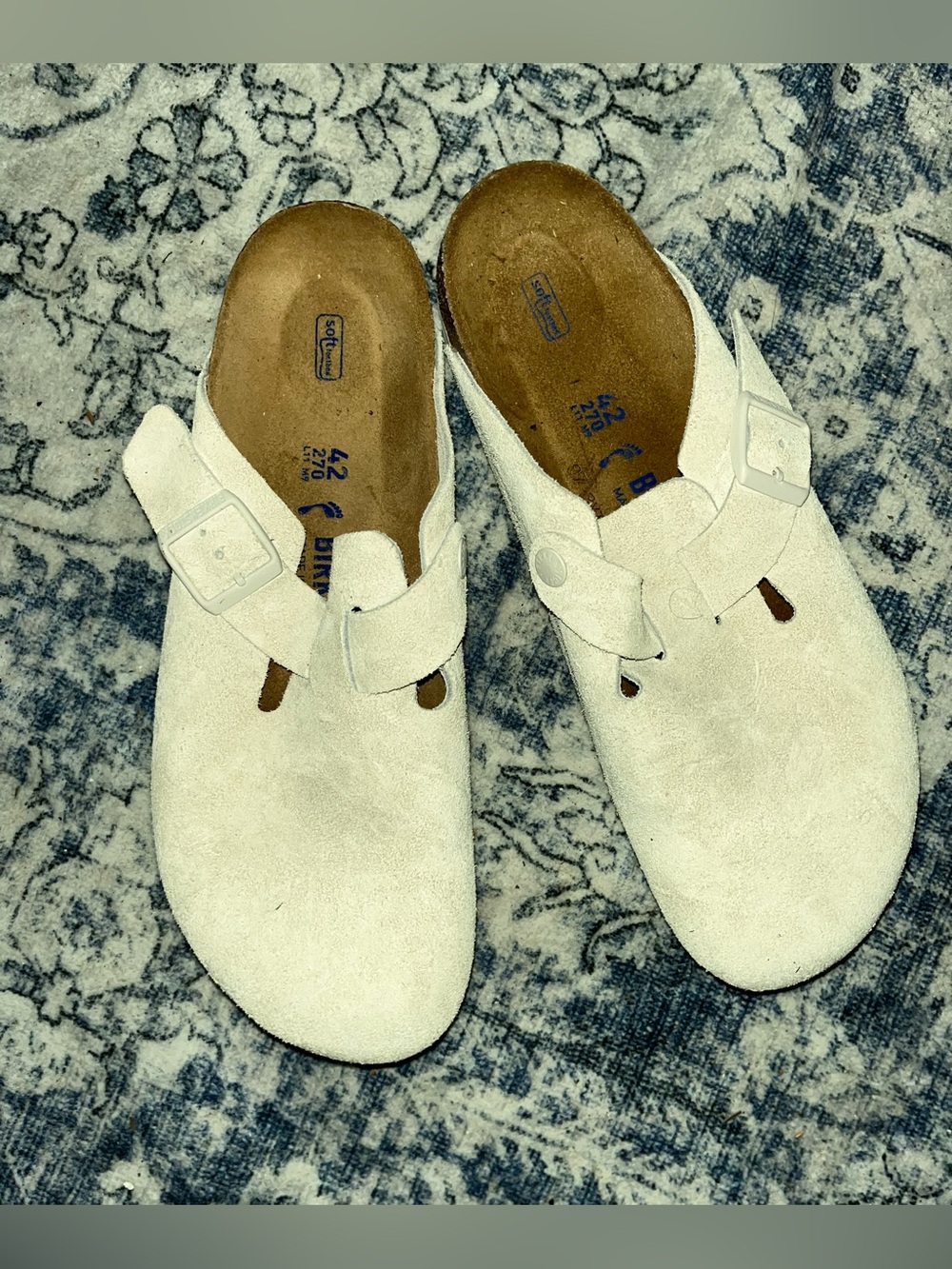 Birkenstock White Suede Boston Clogs with Buckle